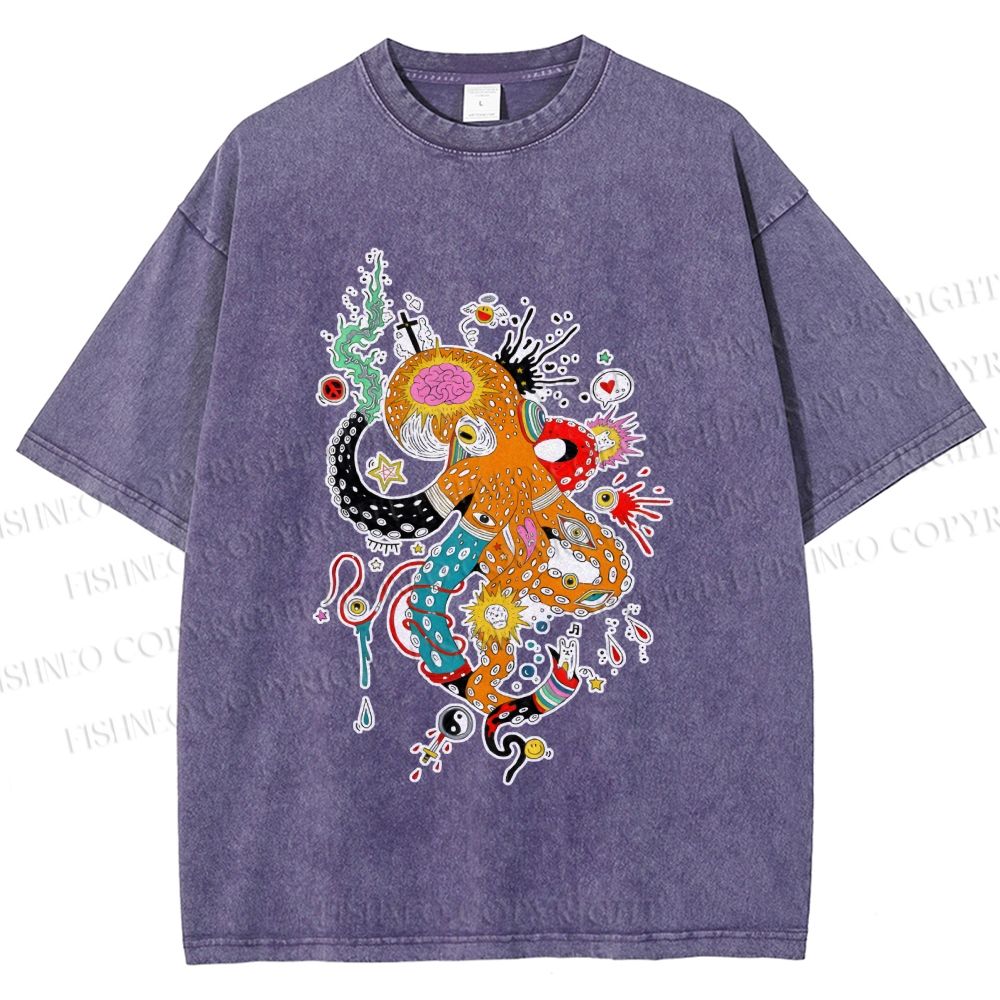 Unisex Multicolor Octopus Graffiti Printed Washed Tee