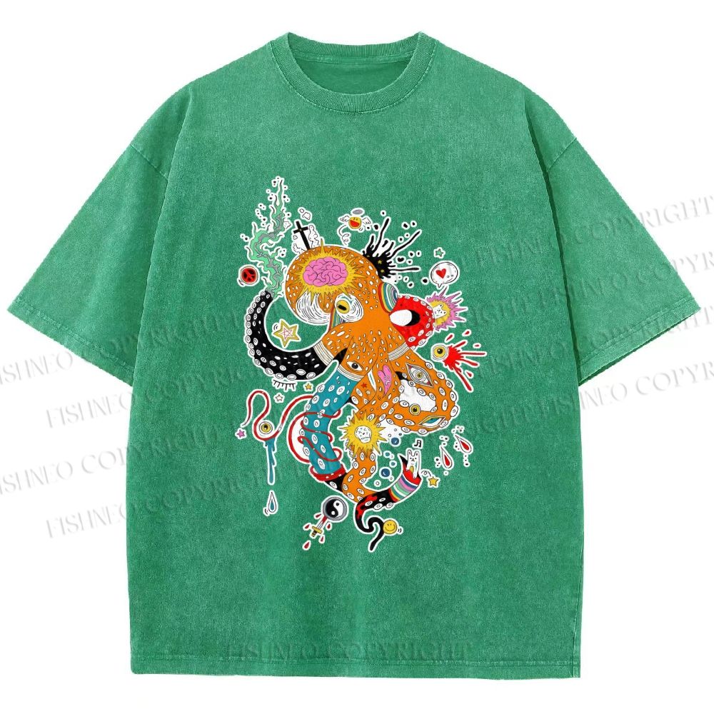 Unisex Multicolor Octopus Graffiti Printed Washed Tee