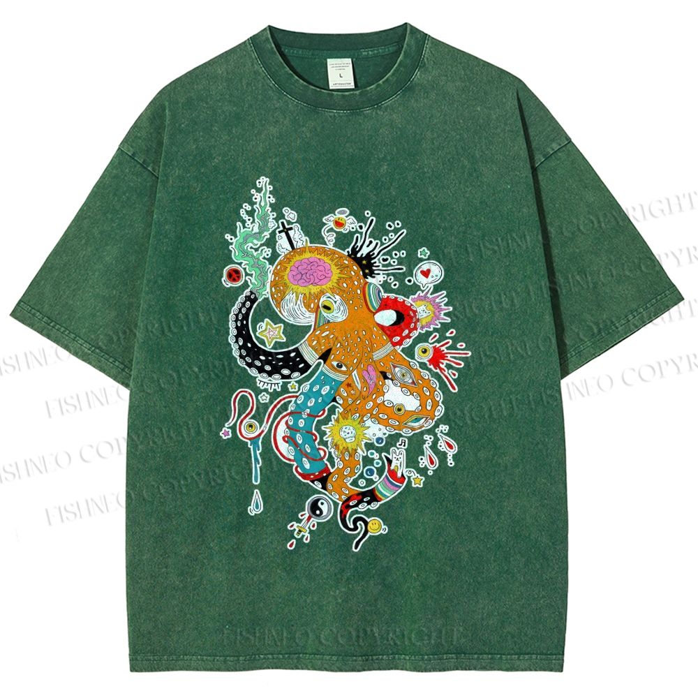 Unisex Multicolor Octopus Graffiti Printed Washed Tee