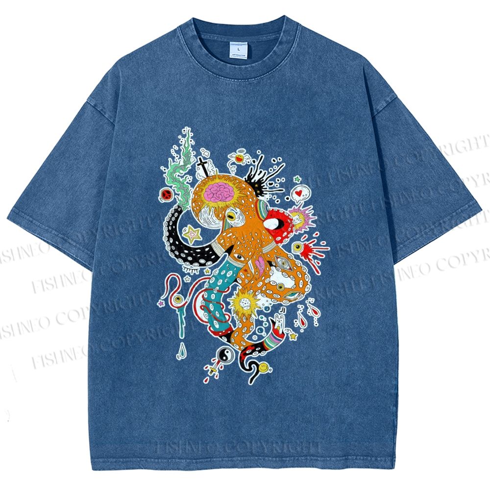 Unisex Multicolor Octopus Graffiti Printed Washed Tee