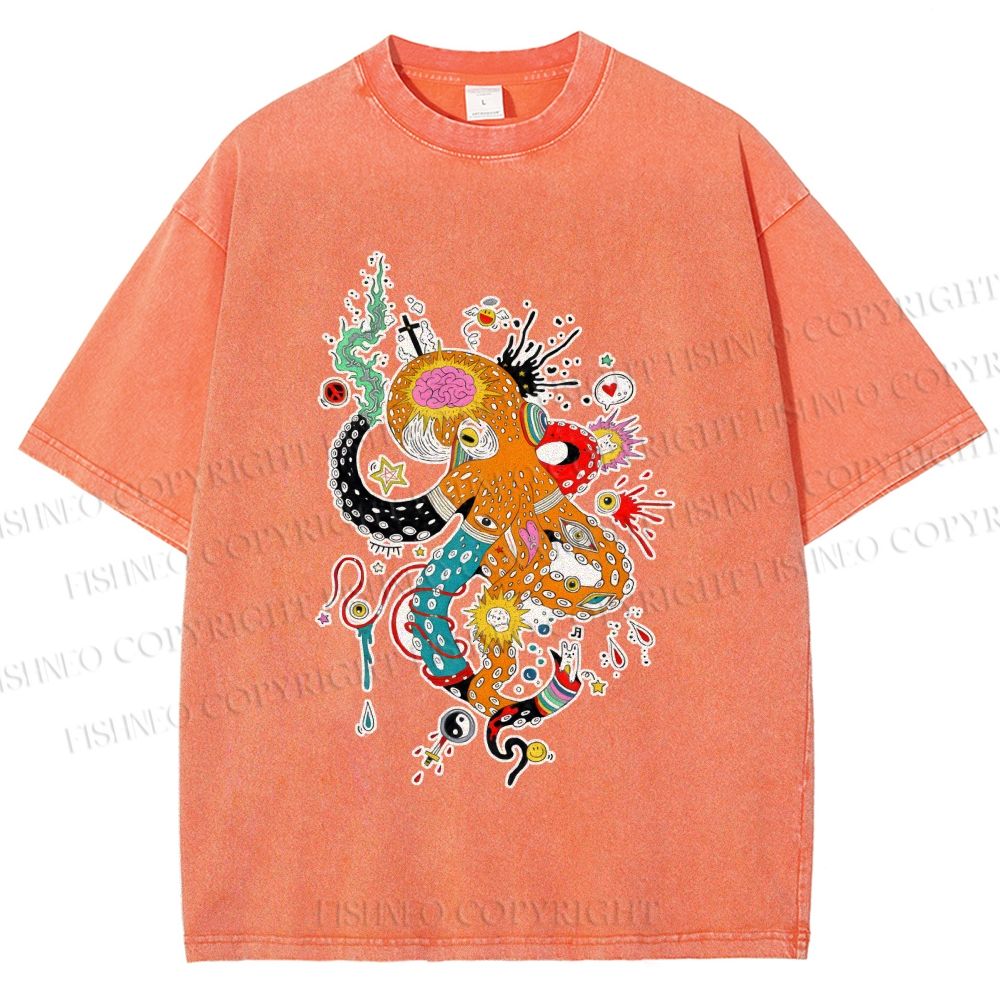 Unisex Multicolor Octopus Graffiti Printed Washed Tee