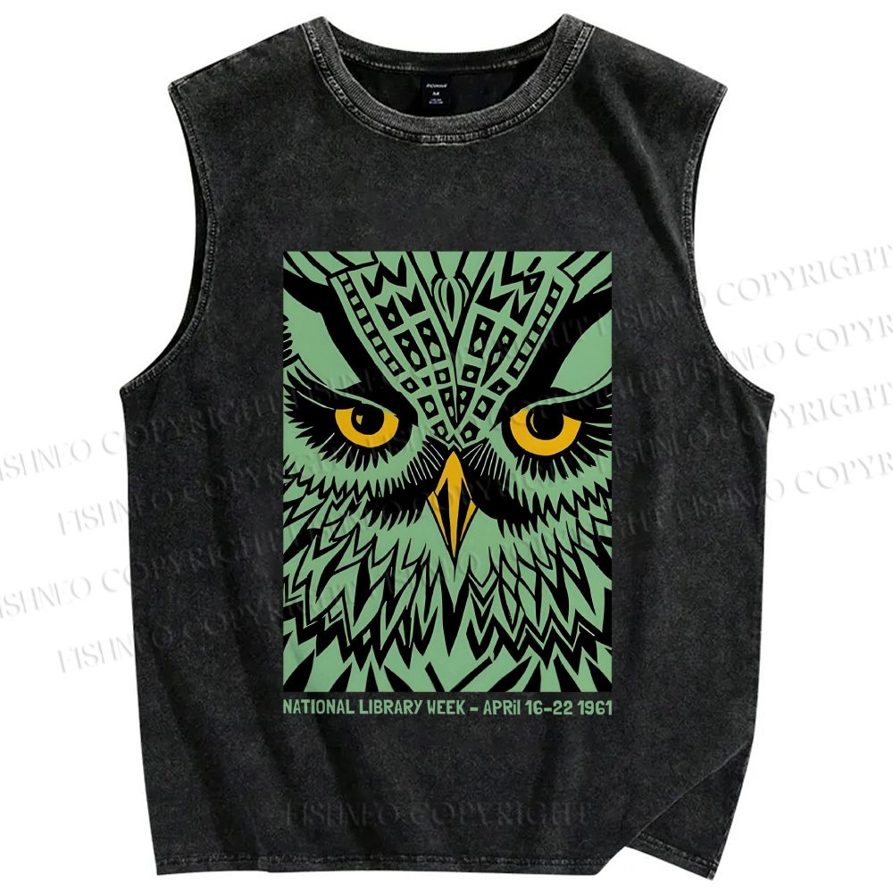Unisex Library Week Poster Owl Vintage Printed Washed Tank Top