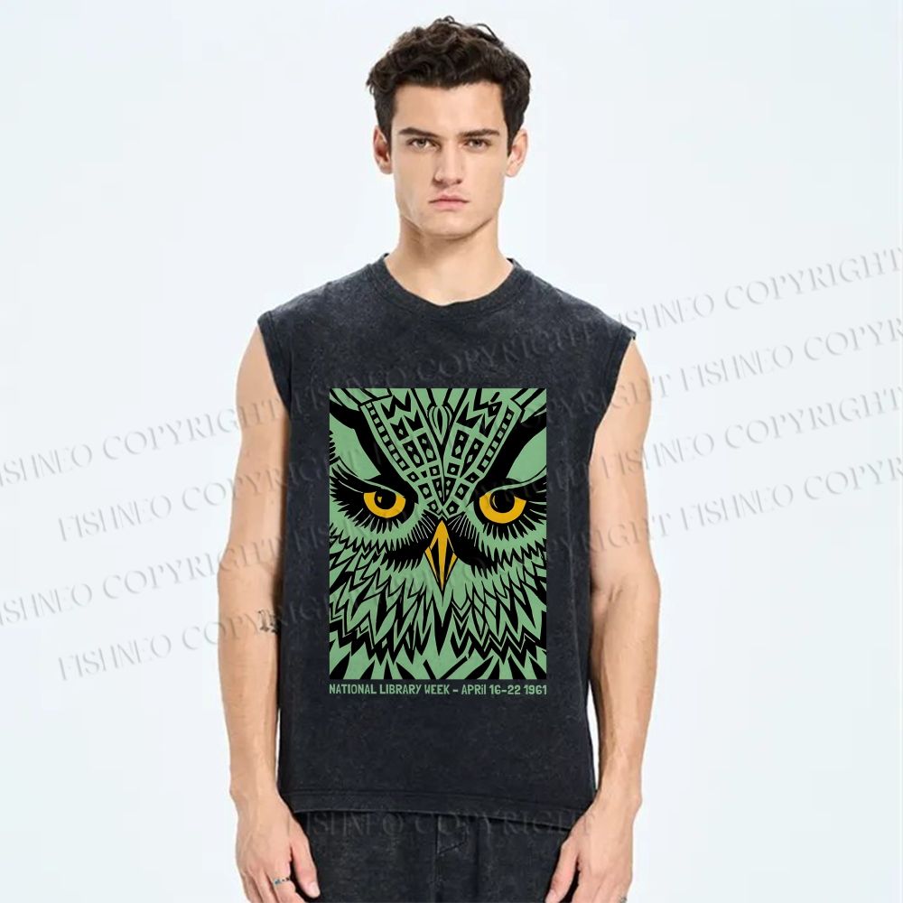 Unisex Library Week Poster Owl Vintage Printed Washed Tank Top