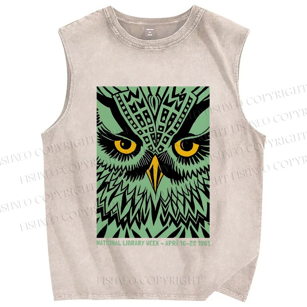 Unisex Library Week Poster Owl Vintage Printed Washed Tank Top