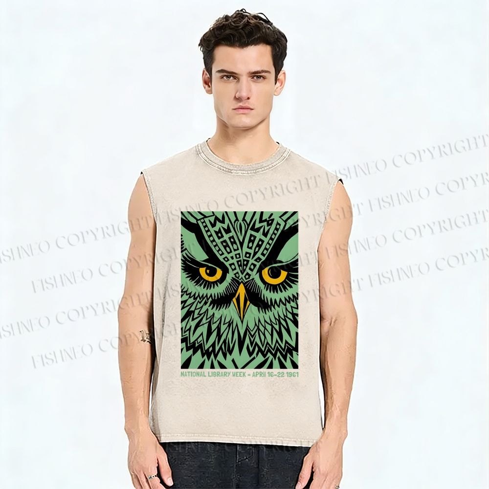 Unisex Library Week Poster Owl Vintage Printed Washed Tank Top