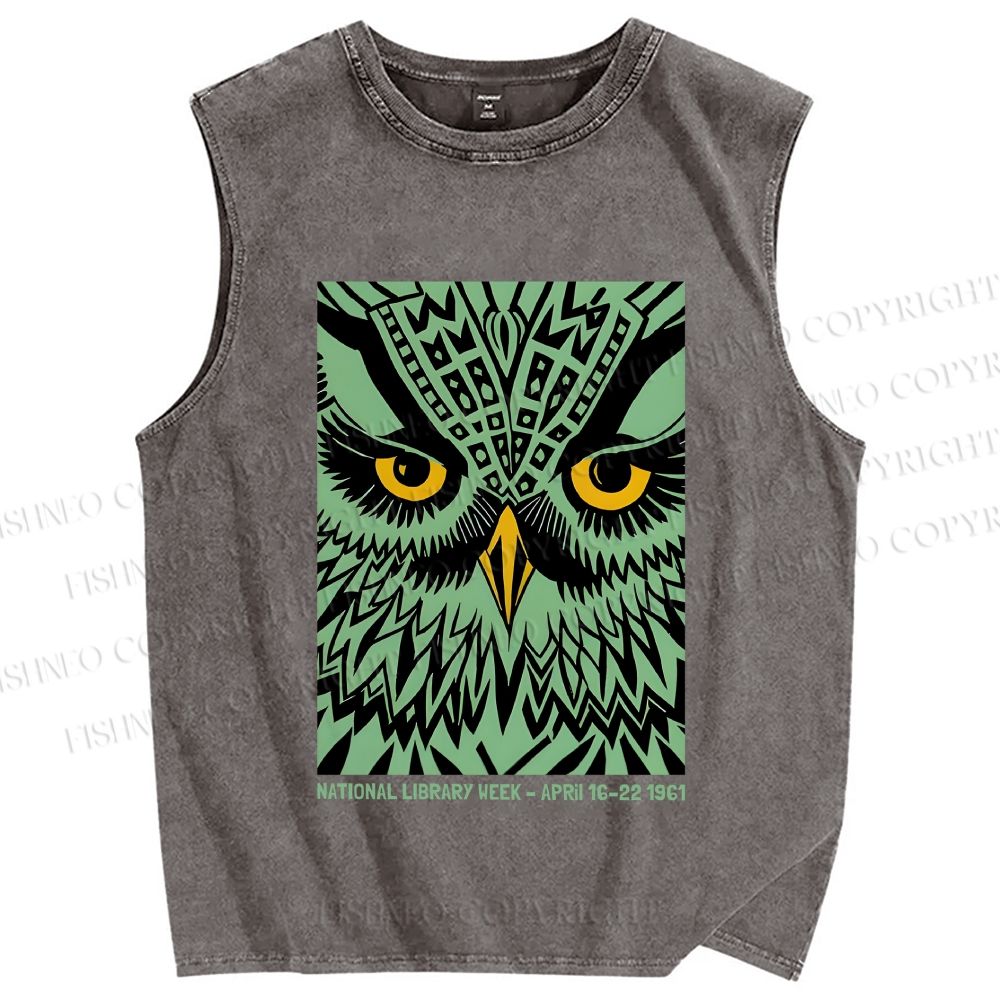 Unisex Library Week Poster Owl Vintage Printed Washed Tank Top