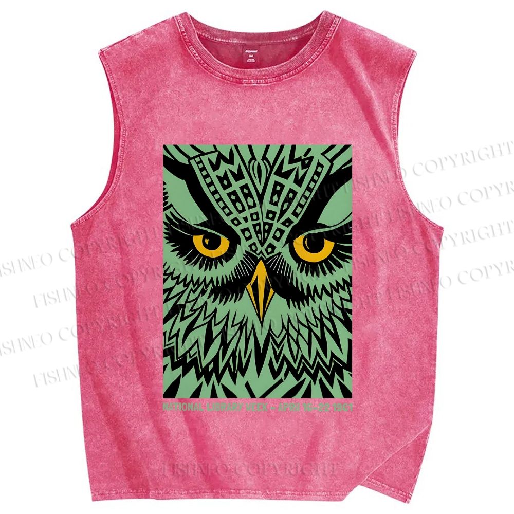 Unisex Library Week Poster Owl Vintage Printed Washed Tank Top