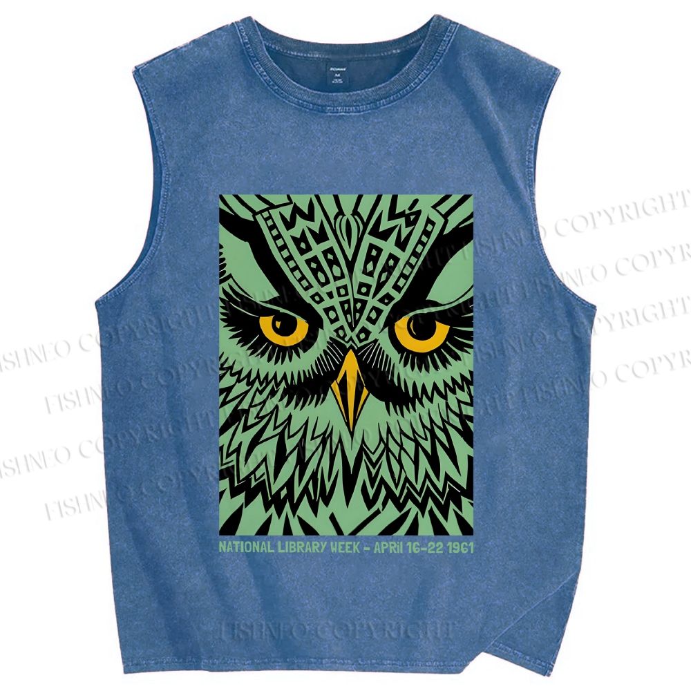 Unisex Library Week Poster Owl Vintage Printed Washed Tank Top