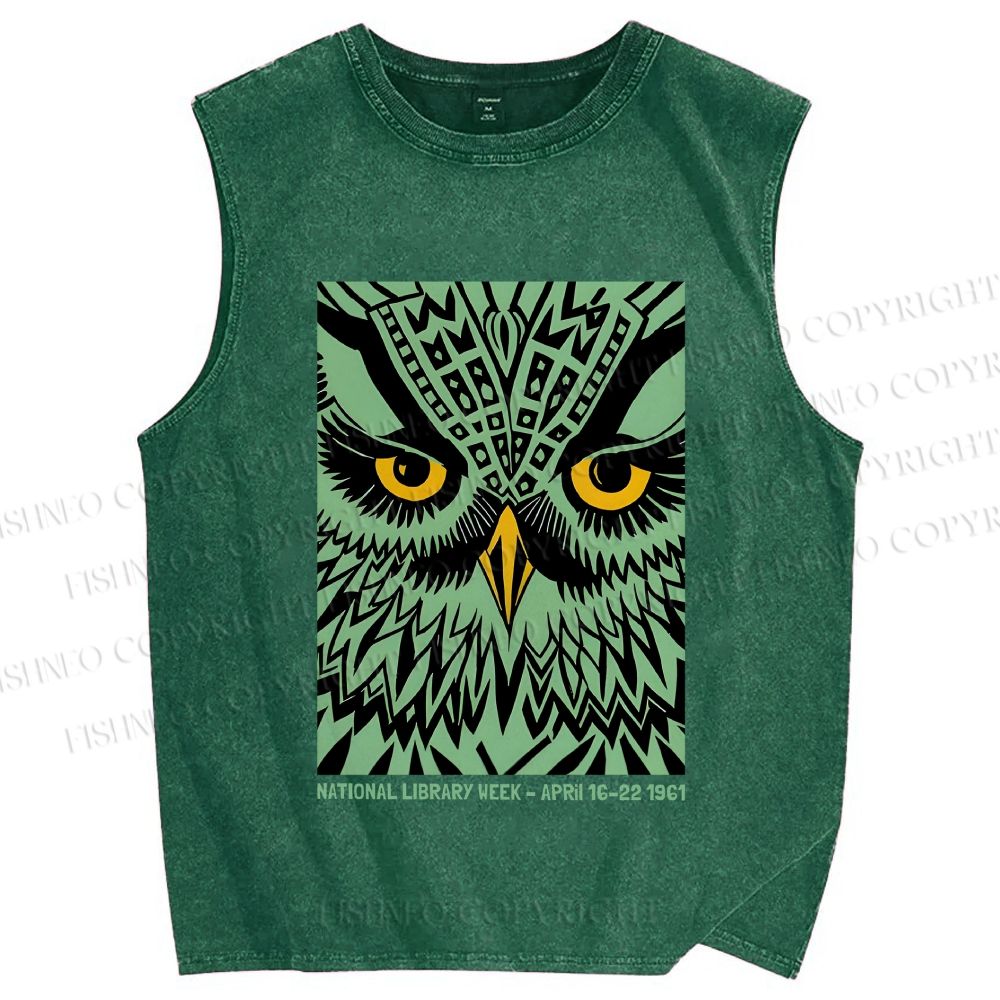 Unisex Library Week Poster Owl Vintage Printed Washed Tank Top