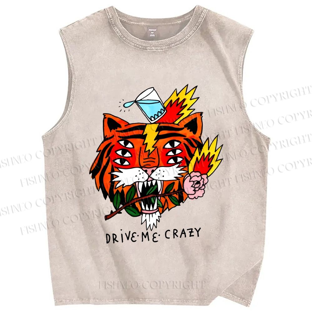 Unisex Silly Tiger Drive Me Crazy Printed Washed Tank Top