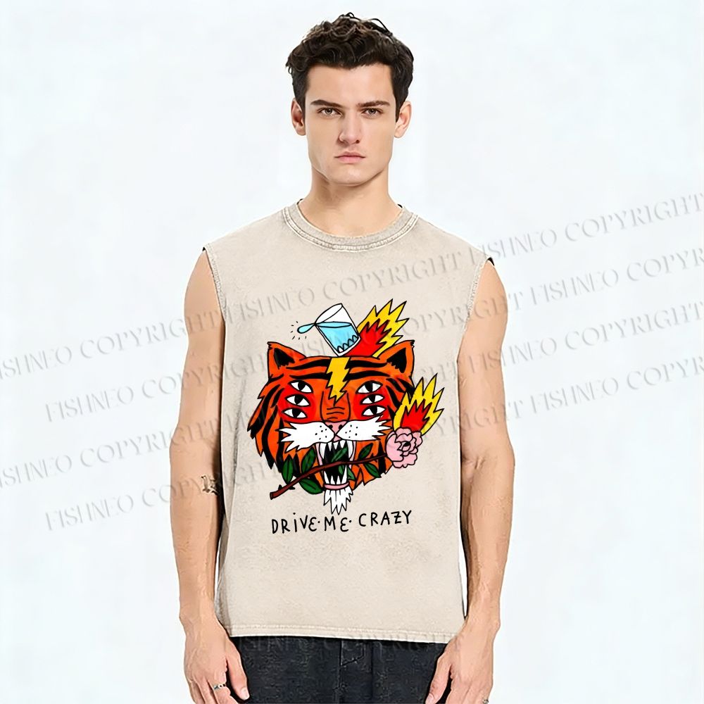 Unisex Silly Tiger Drive Me Crazy Printed Washed Tank Top