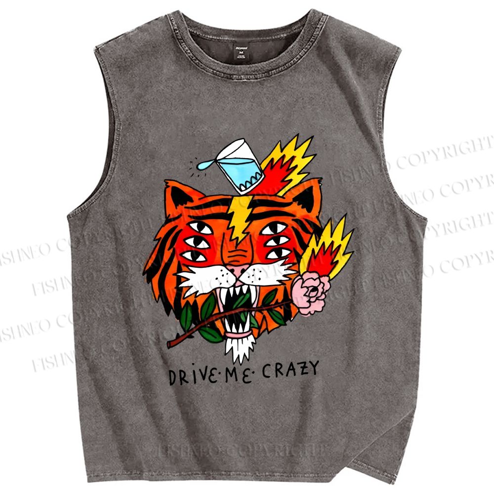 Unisex Silly Tiger Drive Me Crazy Printed Washed Tank Top