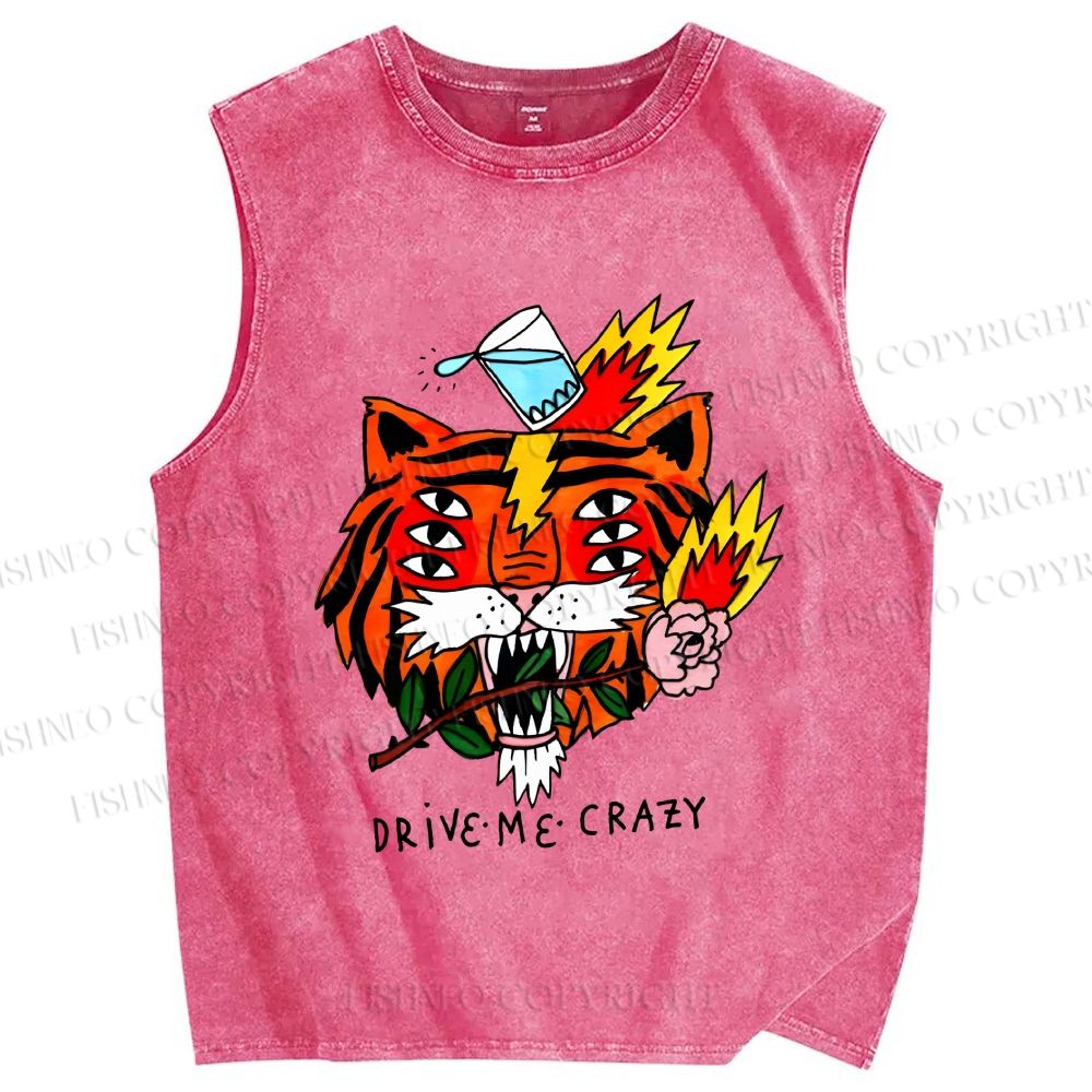Unisex Silly Tiger Drive Me Crazy Printed Washed Tank Top