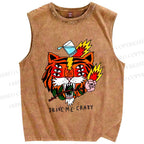 Unisex Silly Tiger Drive Me Crazy Printed Washed Tank Top