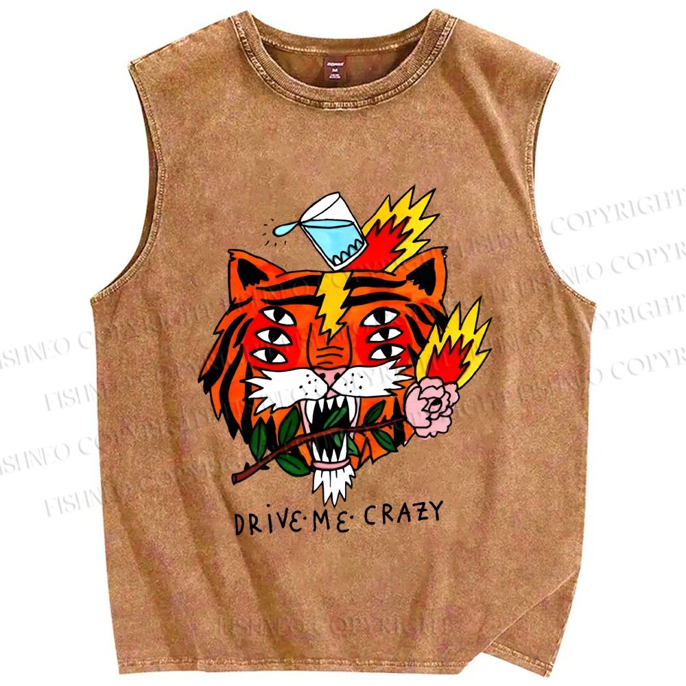 Unisex Silly Tiger Drive Me Crazy Printed Washed Tank Top