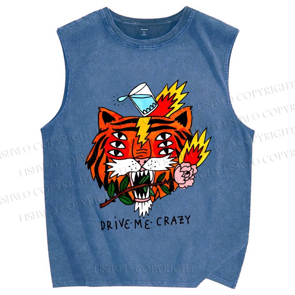 Unisex Silly Tiger Drive Me Crazy Printed Washed Tank Top