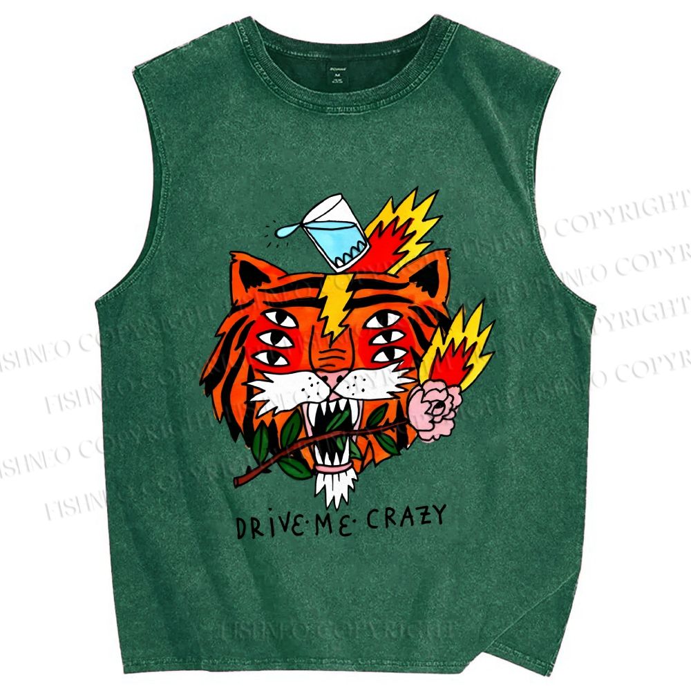 Unisex Silly Tiger Drive Me Crazy Printed Washed Tank Top