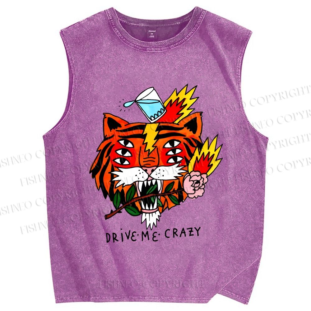 Unisex Silly Tiger Drive Me Crazy Printed Washed Tank Top
