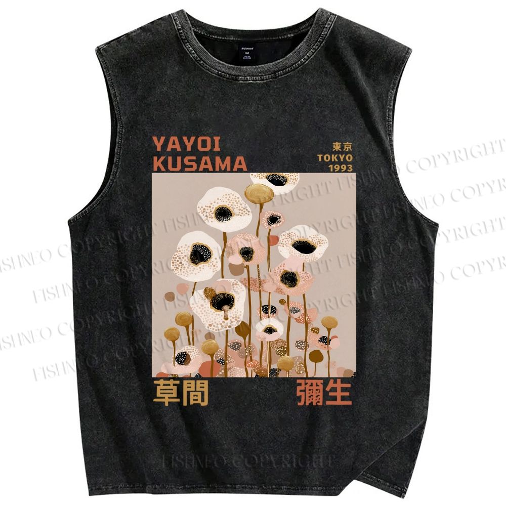 Unisex Yayoi Kusama White Flowers Printed Washed Tank Top