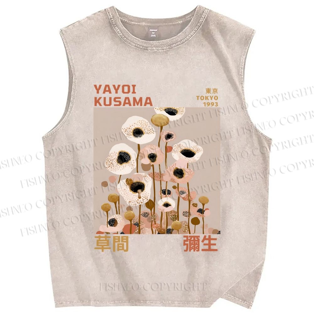 Unisex Yayoi Kusama White Flowers Printed Washed Tank Top