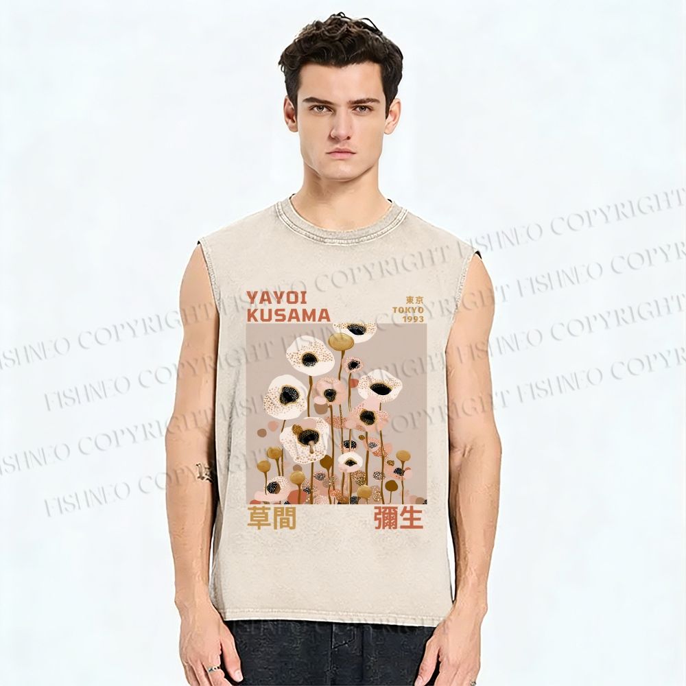 Unisex Yayoi Kusama White Flowers Printed Washed Tank Top