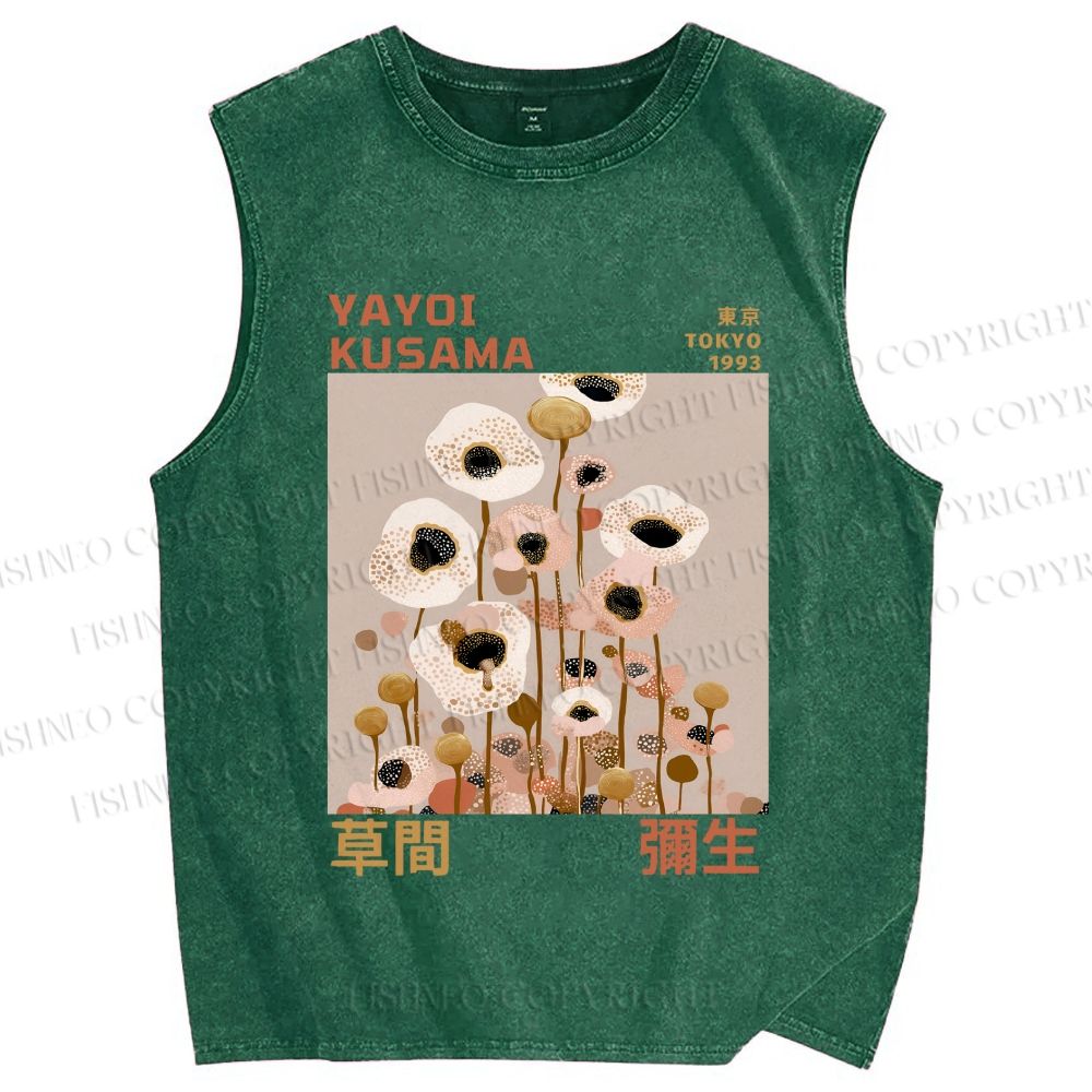 Unisex Yayoi Kusama White Flowers Printed Washed Tank Top
