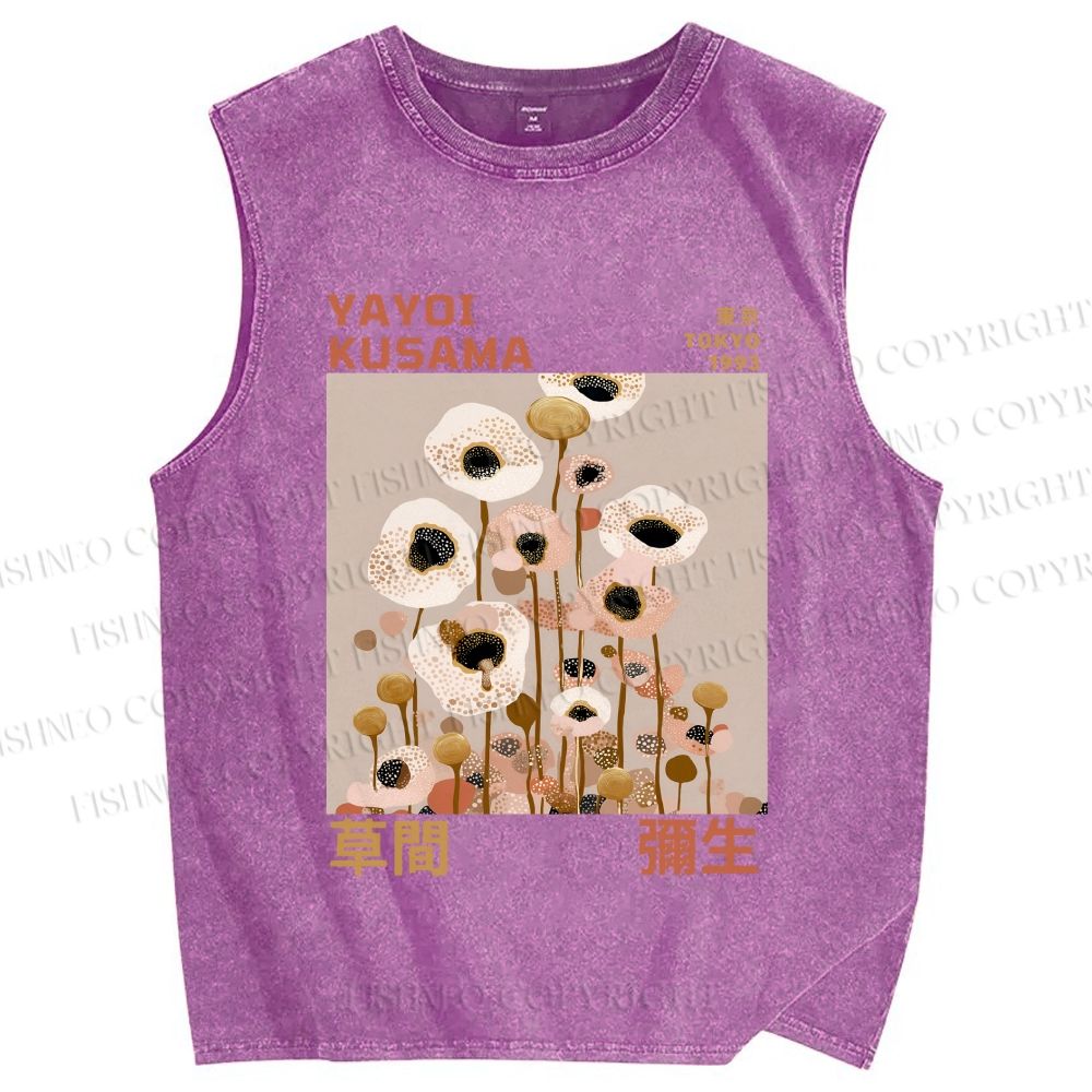Unisex Yayoi Kusama White Flowers Printed Washed Tank Top
