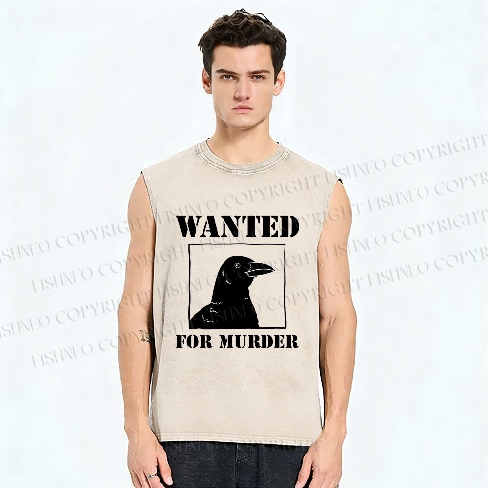 Unisex Wanted For Murder Crow Printed Washed Tank Top