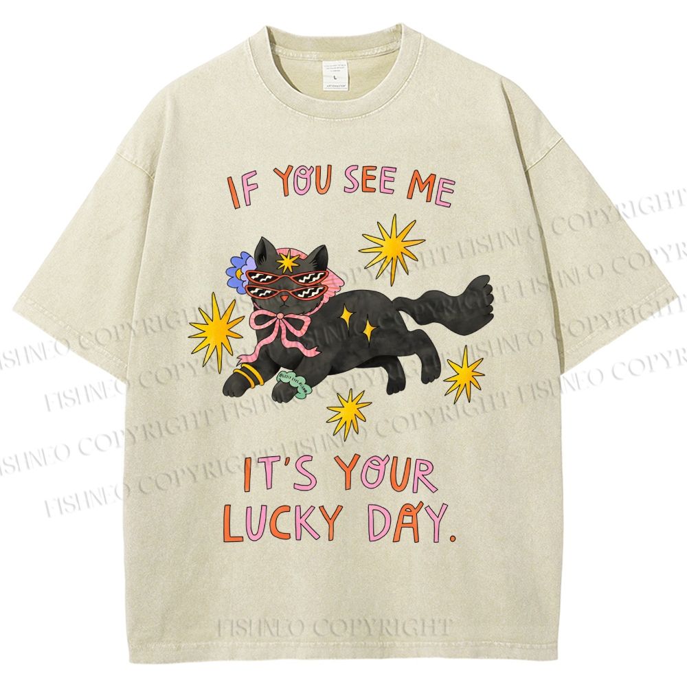 Unisex Lucky Cat Printed Washed Tee