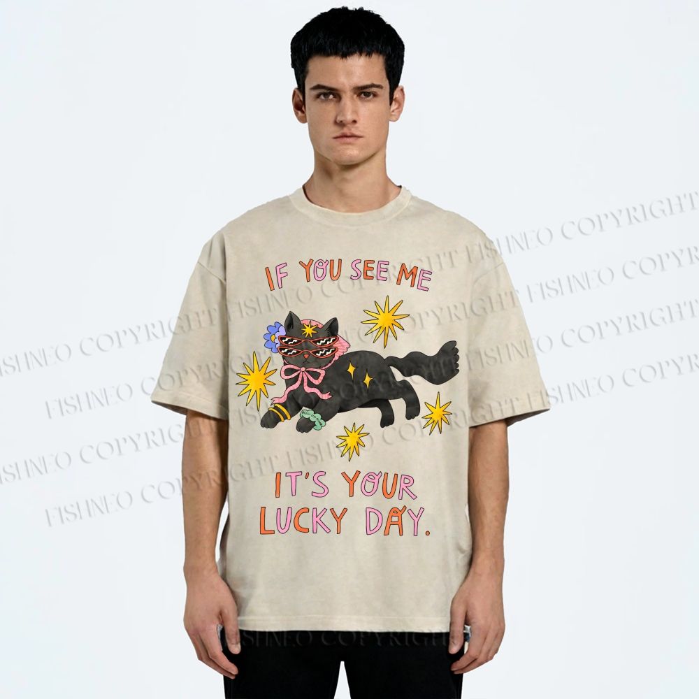 Unisex Lucky Cat Printed Washed Tee