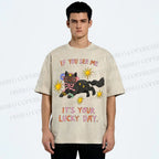 Unisex Lucky Cat Printed Washed Tee
