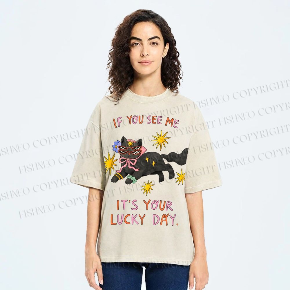 Unisex Lucky Cat Printed Washed Tee