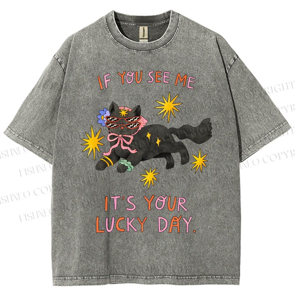 Unisex Lucky Cat Printed Washed Tee