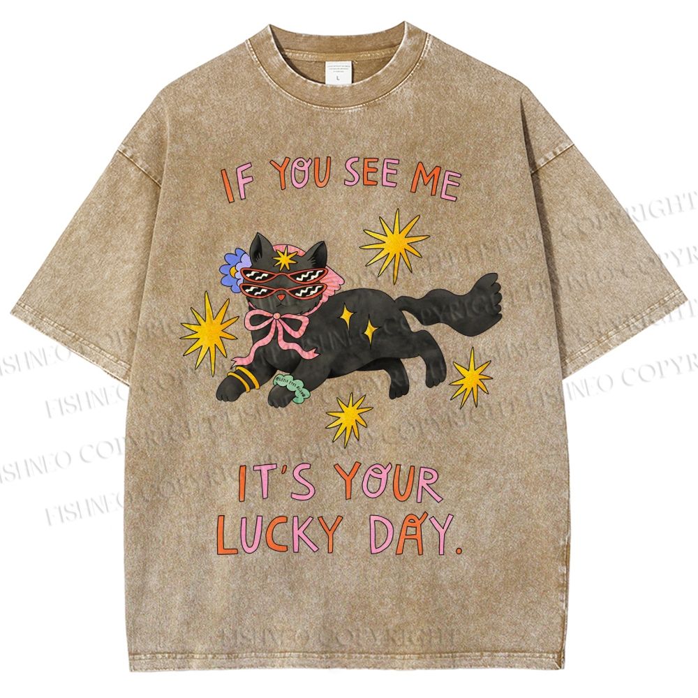 Unisex Lucky Cat Printed Washed Tee