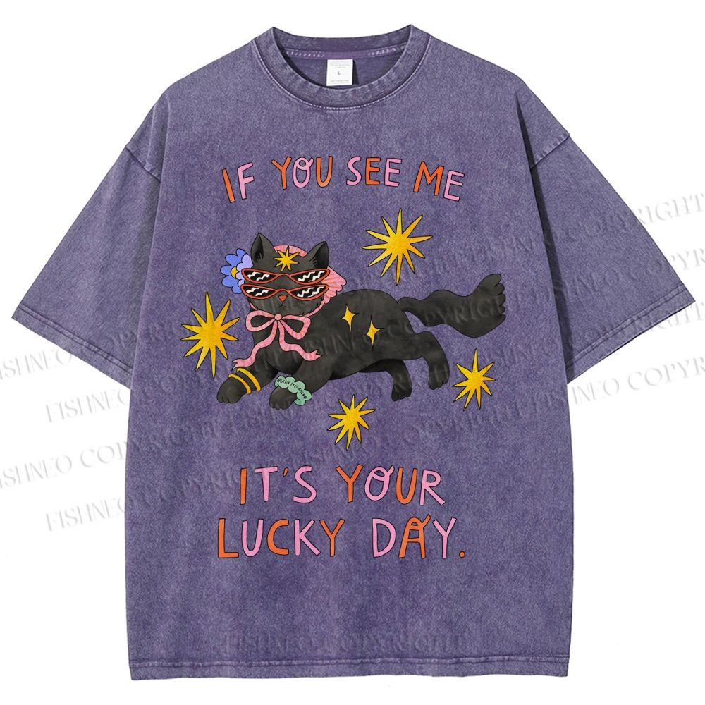 Unisex Lucky Cat Printed Washed Tee
