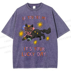 Unisex Lucky Cat Printed Washed Tee