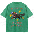 Unisex Lucky Cat Printed Washed Tee