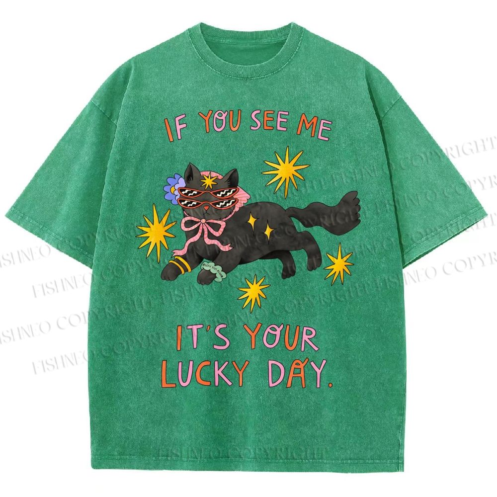 Unisex Lucky Cat Printed Washed Tee