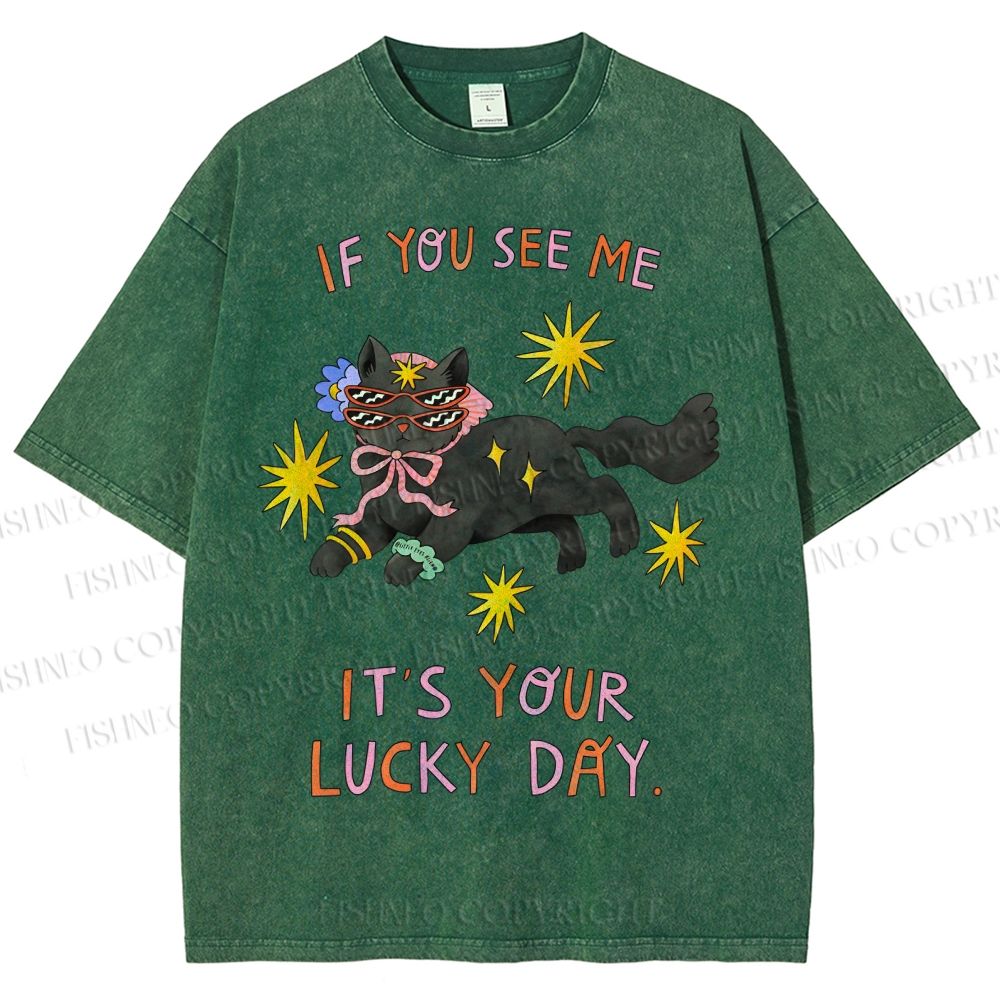 Unisex Lucky Cat Printed Washed Tee