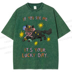 Unisex Lucky Cat Printed Washed Tee