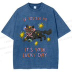 Unisex Lucky Cat Printed Washed Tee