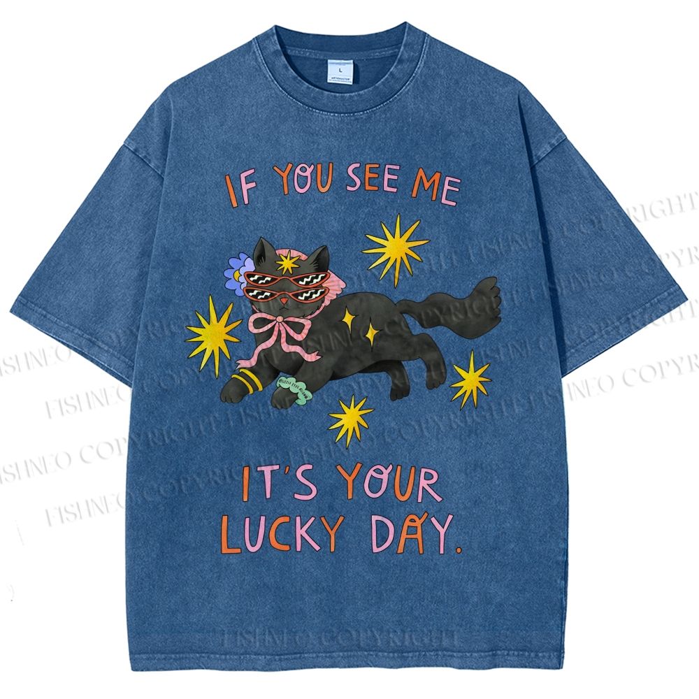 Unisex Lucky Cat Printed Washed Tee