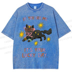 Unisex Lucky Cat Printed Washed Tee
