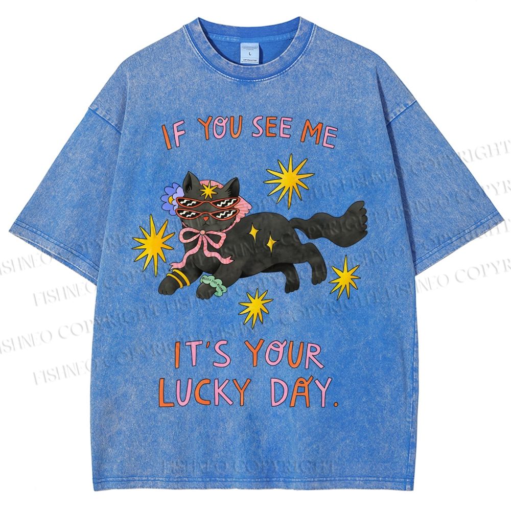 Unisex Lucky Cat Printed Washed Tee