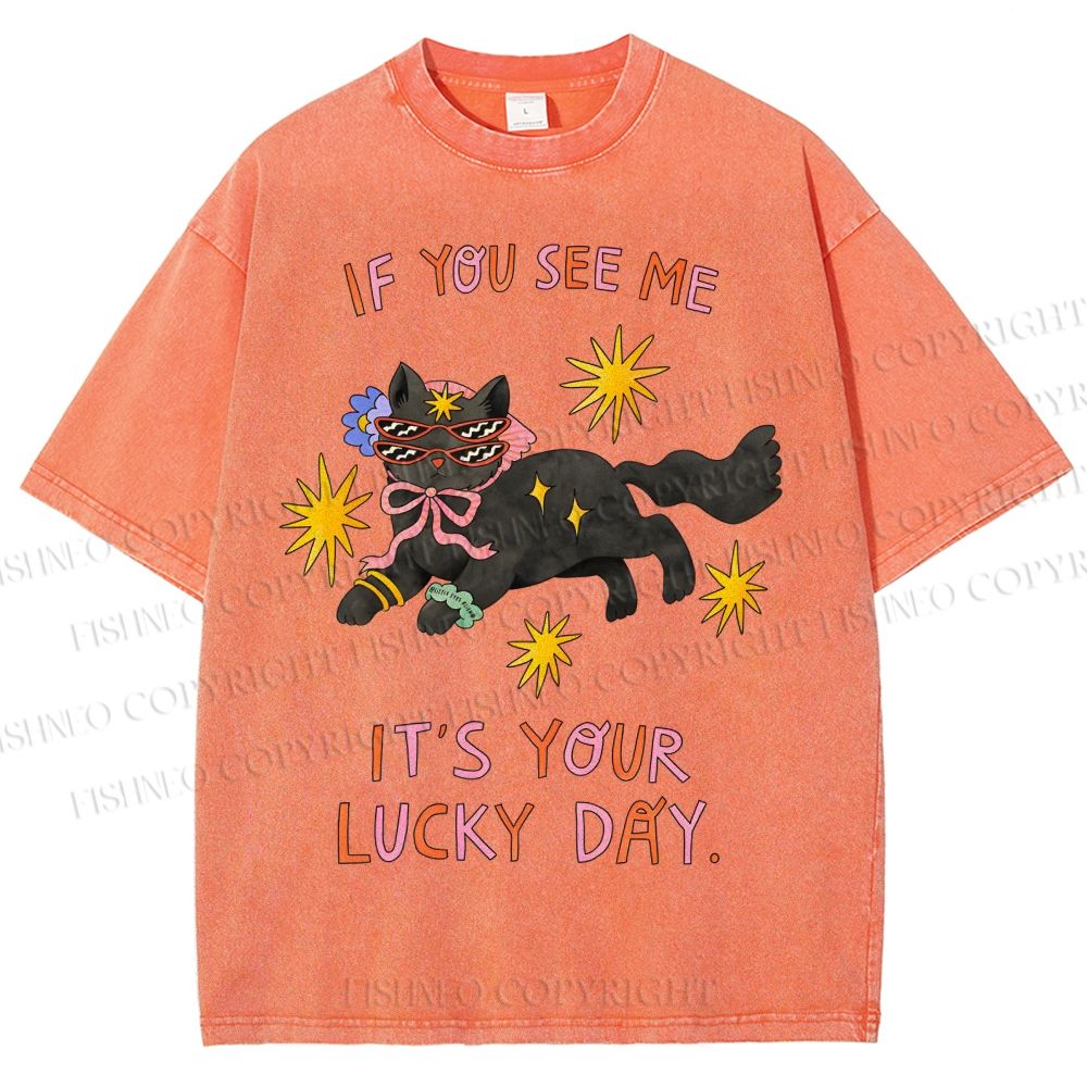 Unisex Lucky Cat Printed Washed Tee