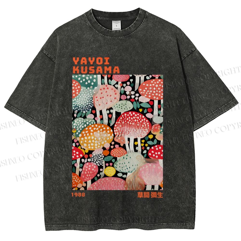 Unisex Yayoi Kusama Colorful Mushrooms Printed Washed Tee