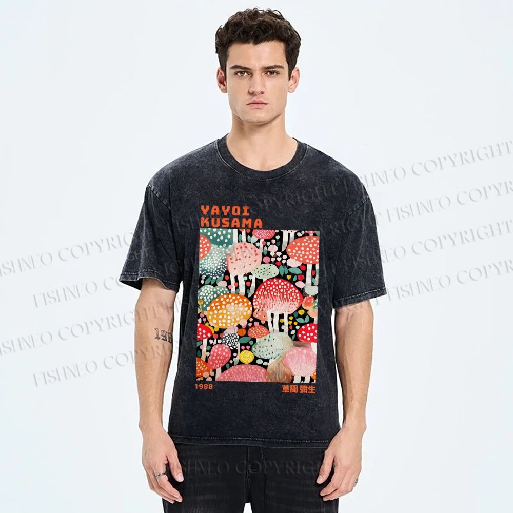 Unisex Yayoi Kusama Colorful Mushrooms Printed Washed Tee