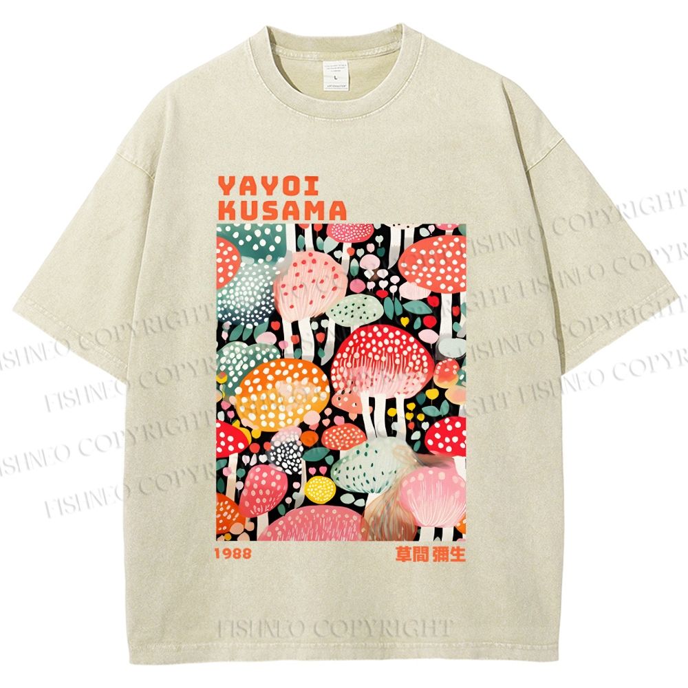 Unisex Yayoi Kusama Colorful Mushrooms Printed Washed Tee