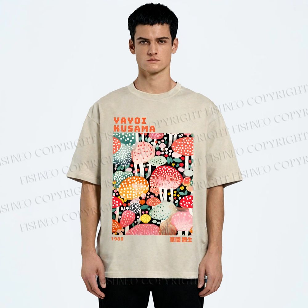 Unisex Yayoi Kusama Colorful Mushrooms Printed Washed Tee