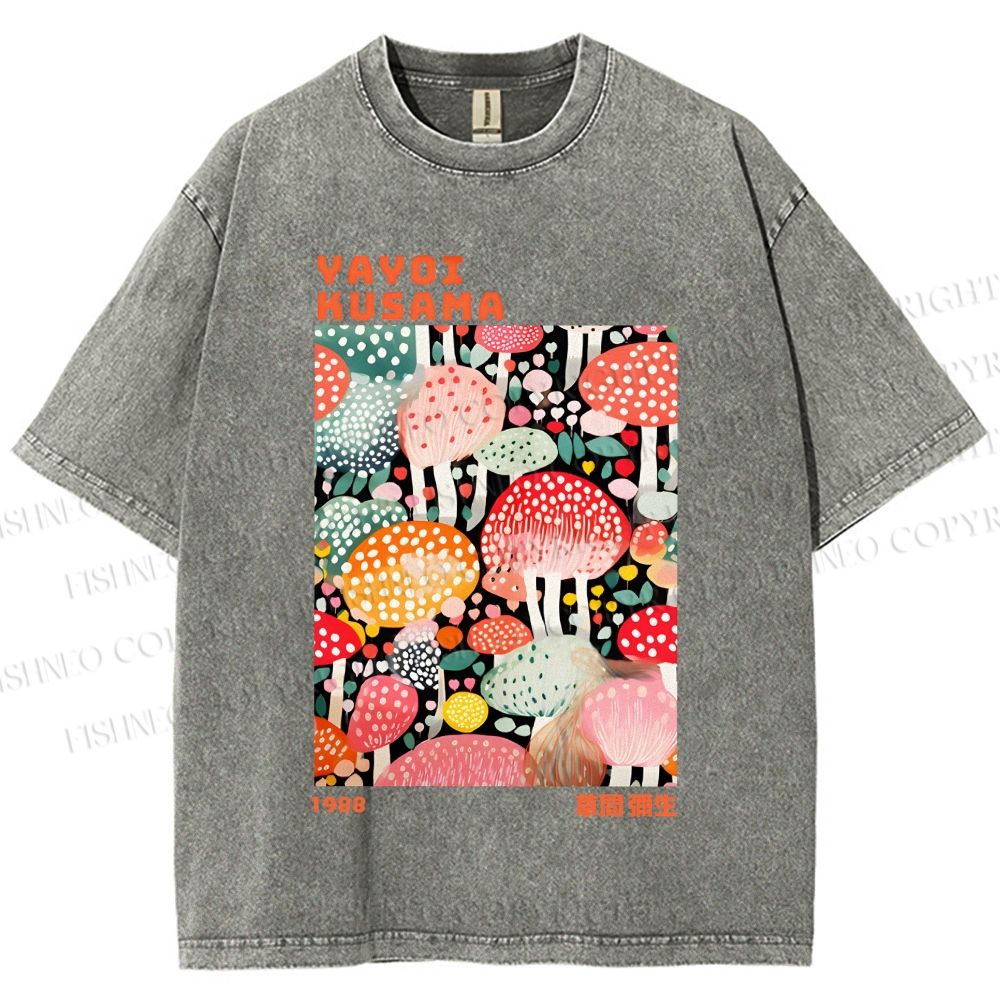 Unisex Yayoi Kusama Colorful Mushrooms Printed Washed Tee